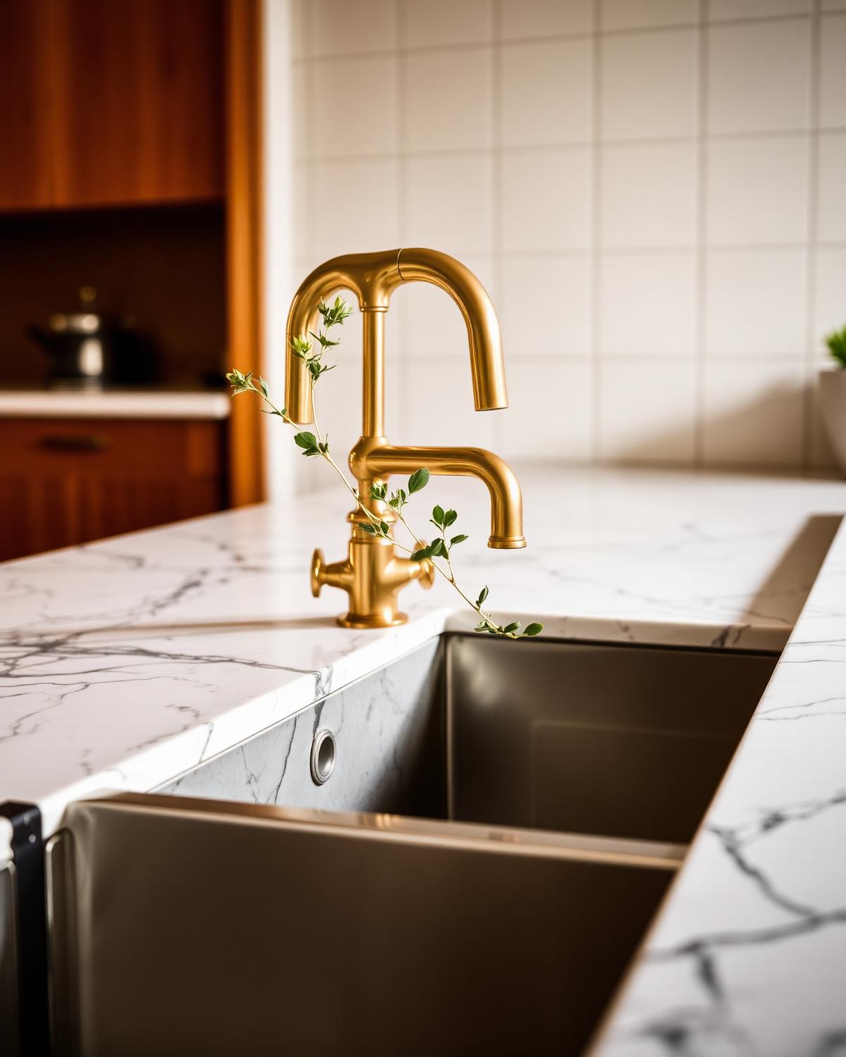 Brass kitchen tap on marble