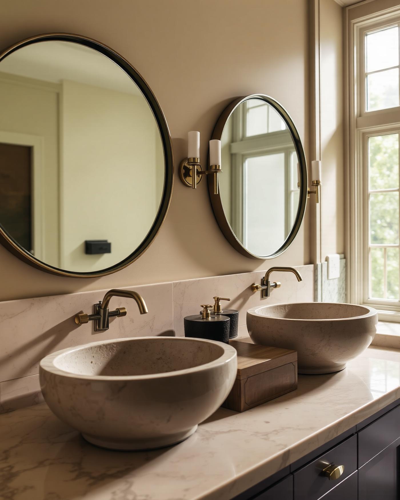 Twin stone basins with brass tapware and round mirrors